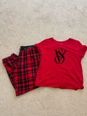 Victoria's Secret Red Logo Tee and Red Black Plaid Pajama Pants